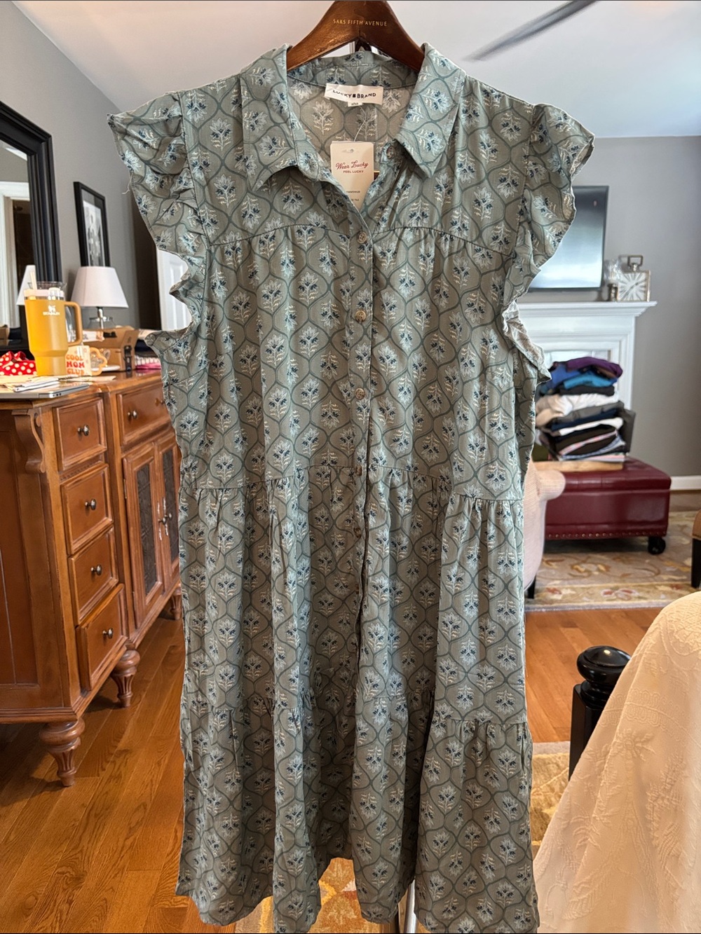 Lucky Brand Sage Blue Floral Tiered Button-Front Dress NWT